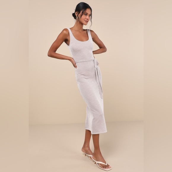 LULU'S Summer Perfection Taupe And Ivory Striped Ribbed Midi
Dress - Picture 4 of 5